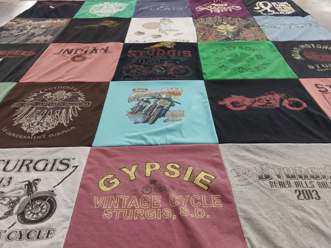T-shirt quilt with motorcycling, biking themes by Marcella from WI