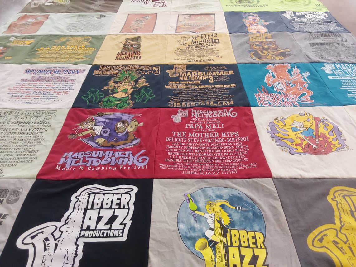 T-shirt quilt with music festivals, camping themes by Darlene from PA