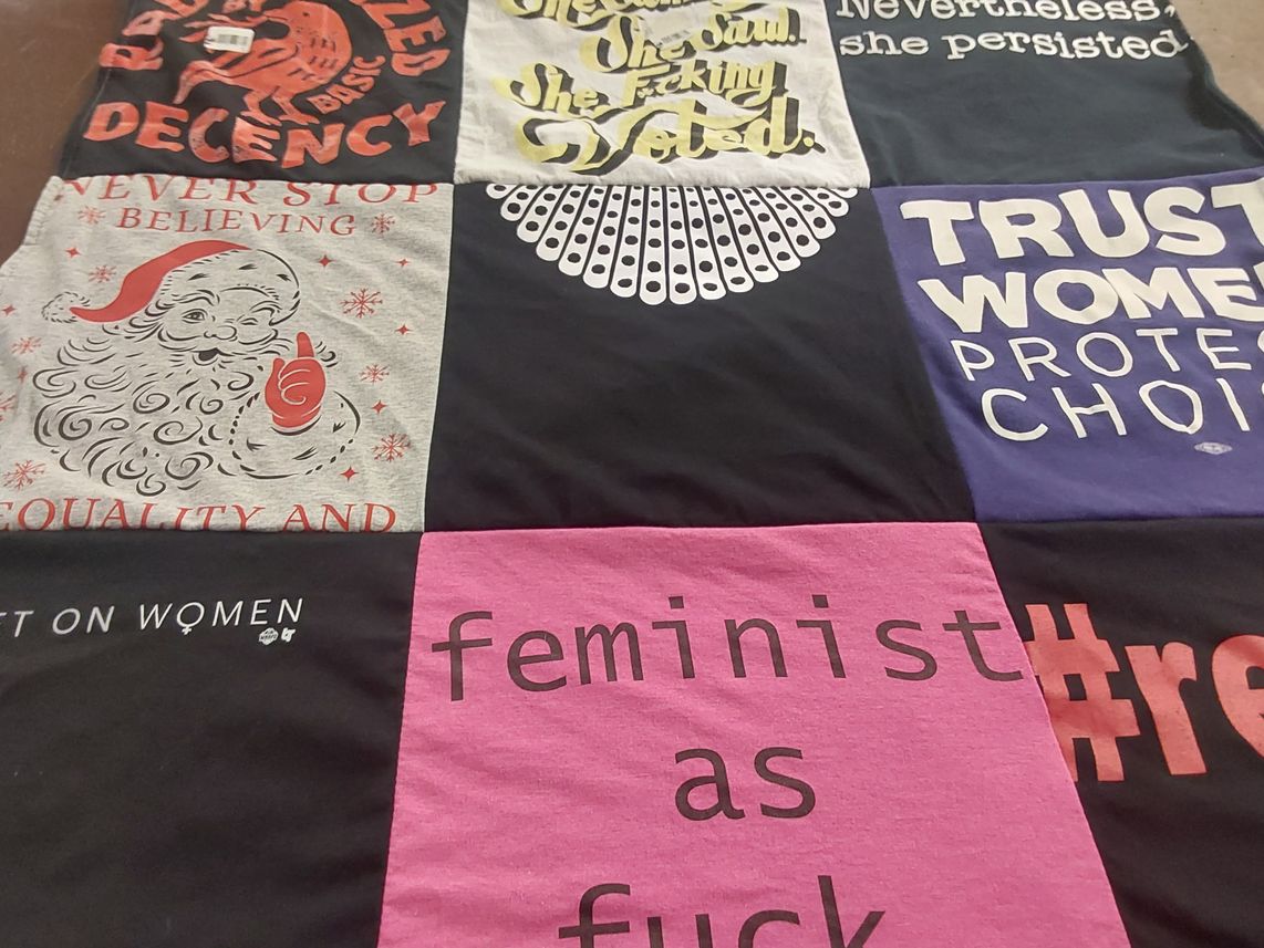 T-shirt quilt with feminism, gender equality themes by SUSAN from IL