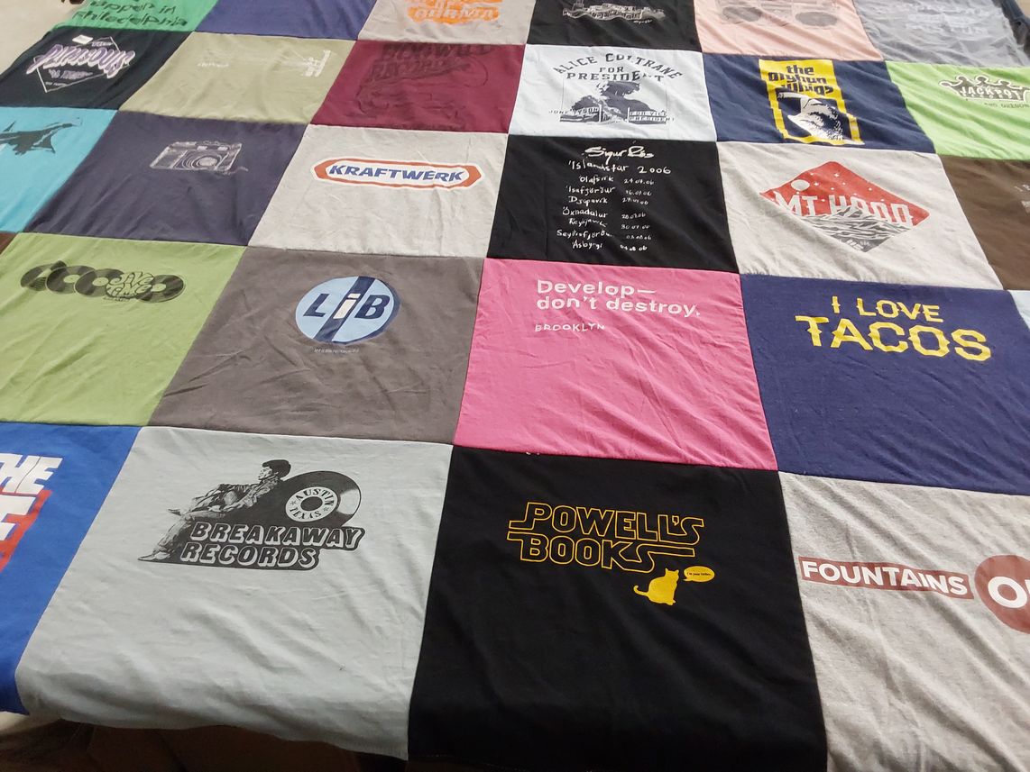 T-shirt quilt with music, tacos themes by Erin from PA