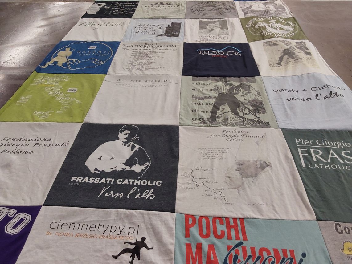 T-shirt quilt with catholicism, education themes by Christine from TN