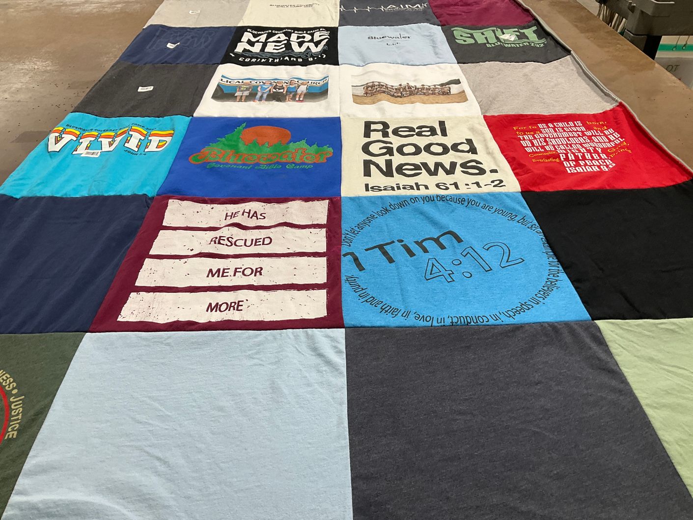 T-shirt quilt with camping, youth ministry themes by Stacey from MN