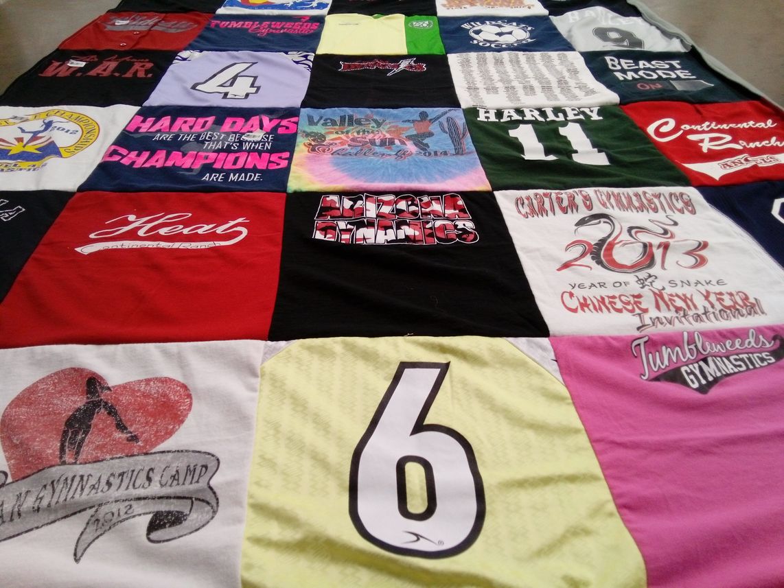 T-shirt quilt with gymnastics themes by Krista from AZ