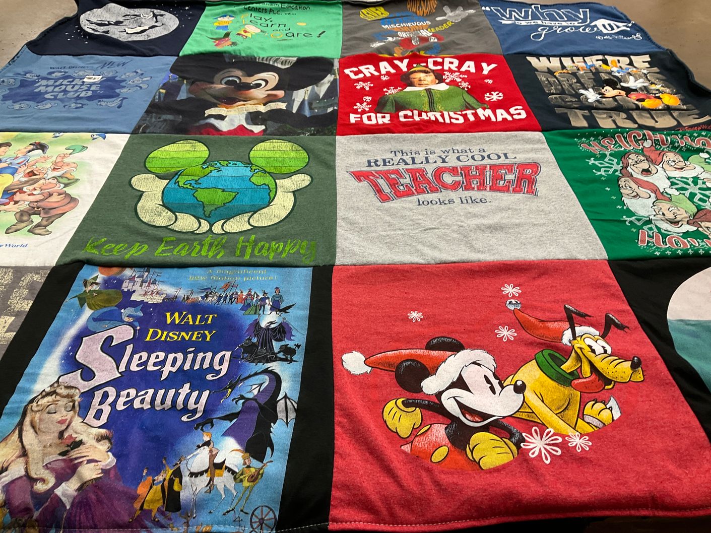 T-shirt quilt with disney characters, environmental awareness themes by Pablo from FL