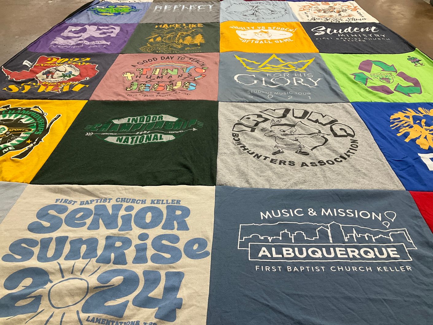 T-shirt quilt with music, mission themes by Mrs. Amanda from TX
