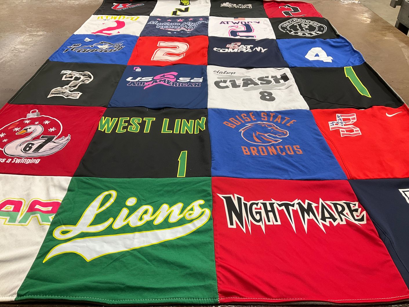 T-shirt quilt from boise state university, west linn high school by Julie from OR