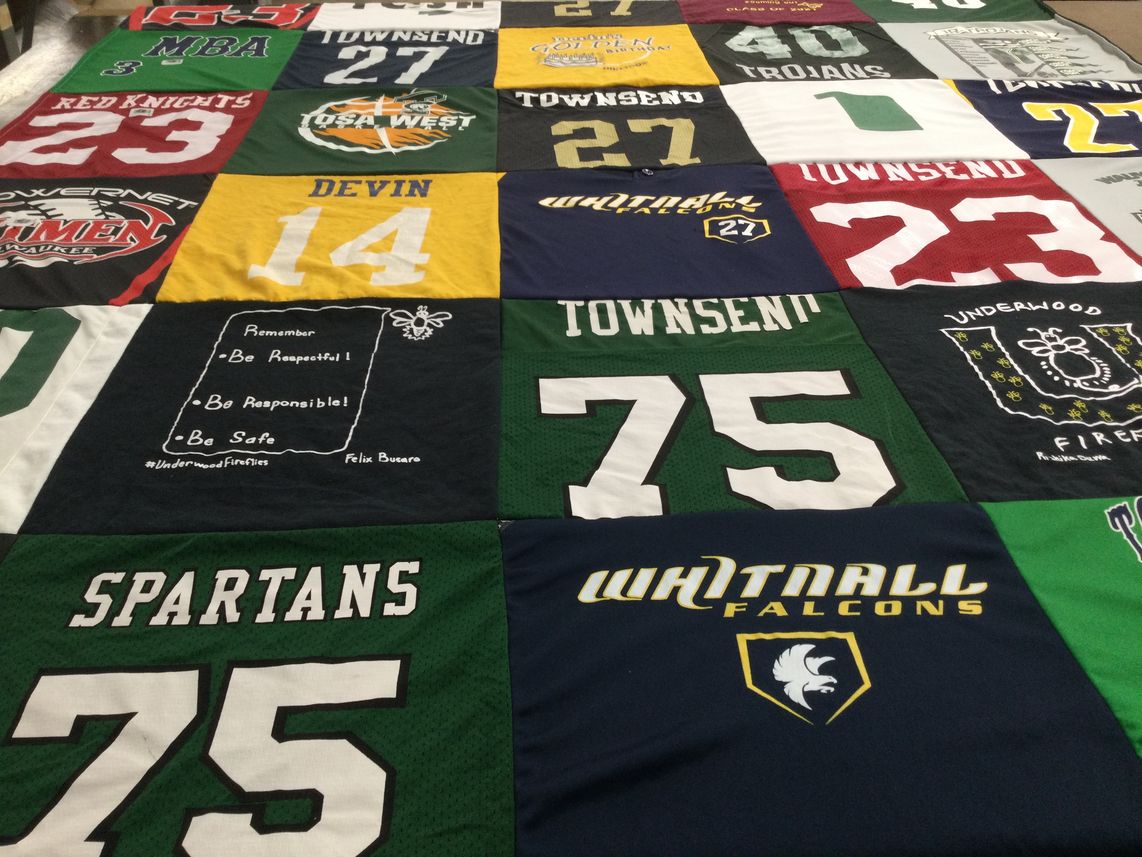 T-shirt quilt featuring spartan, red knights by Heather from WI