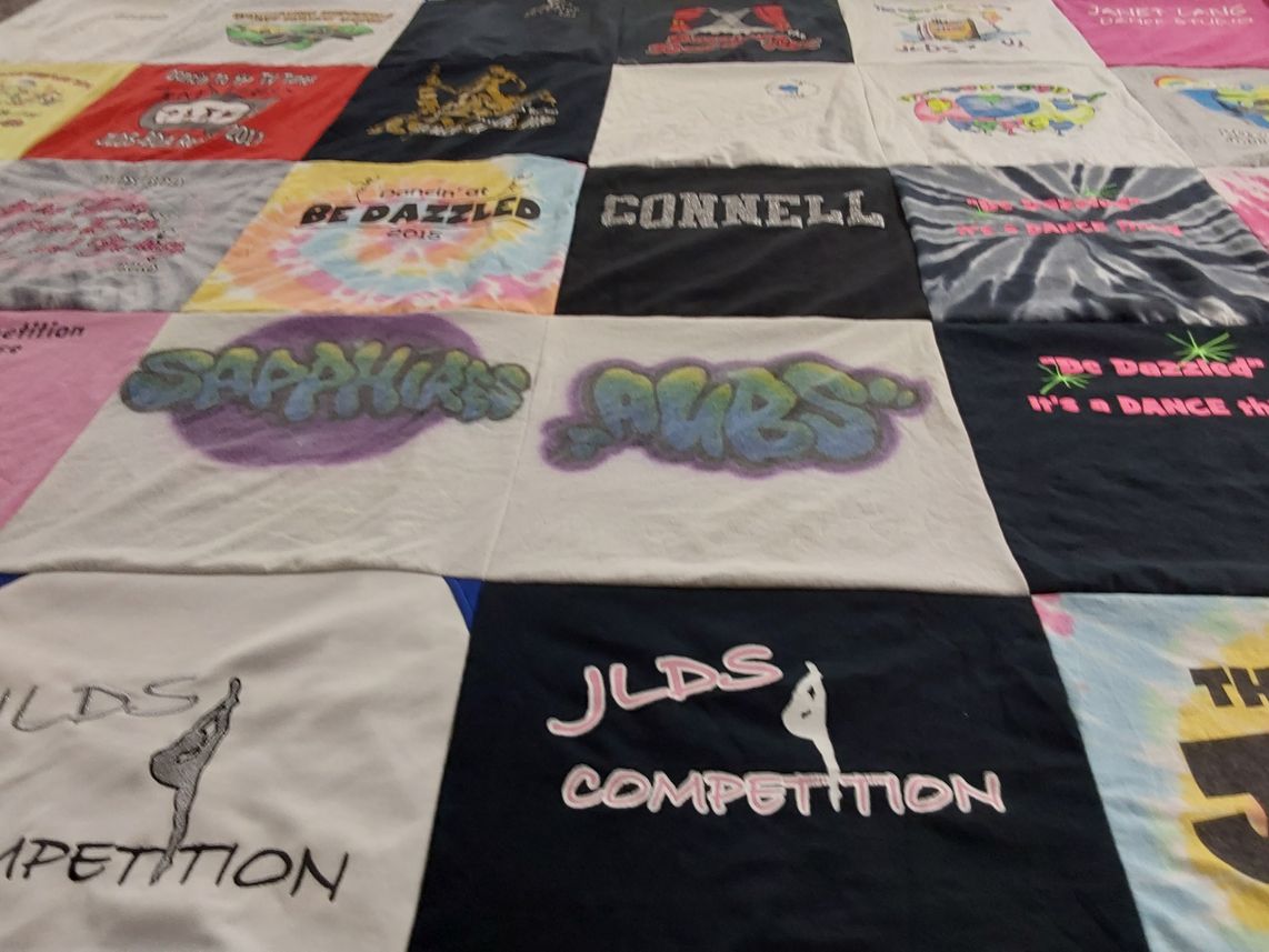 T-shirt quilt with dance, performing arts themes by Melissa from MN