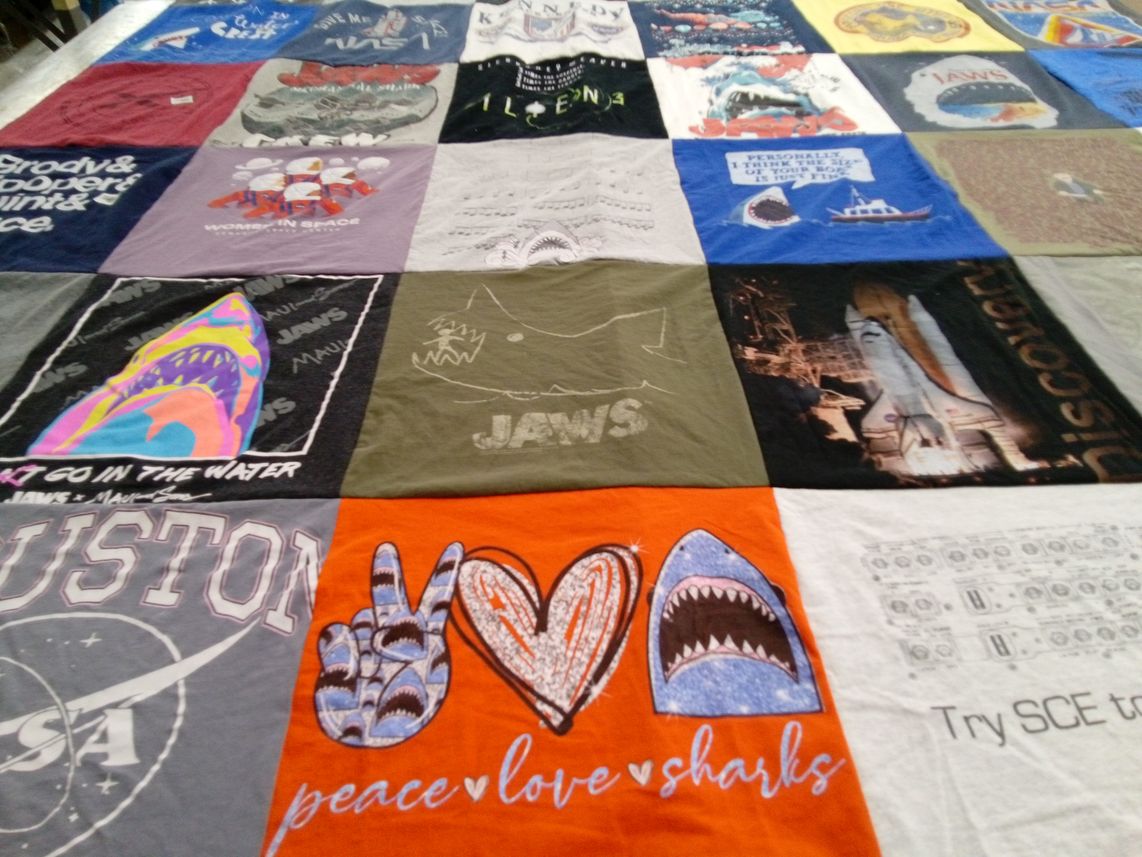 T-shirt quilt with marine life, sharks themes by Paige from NJ