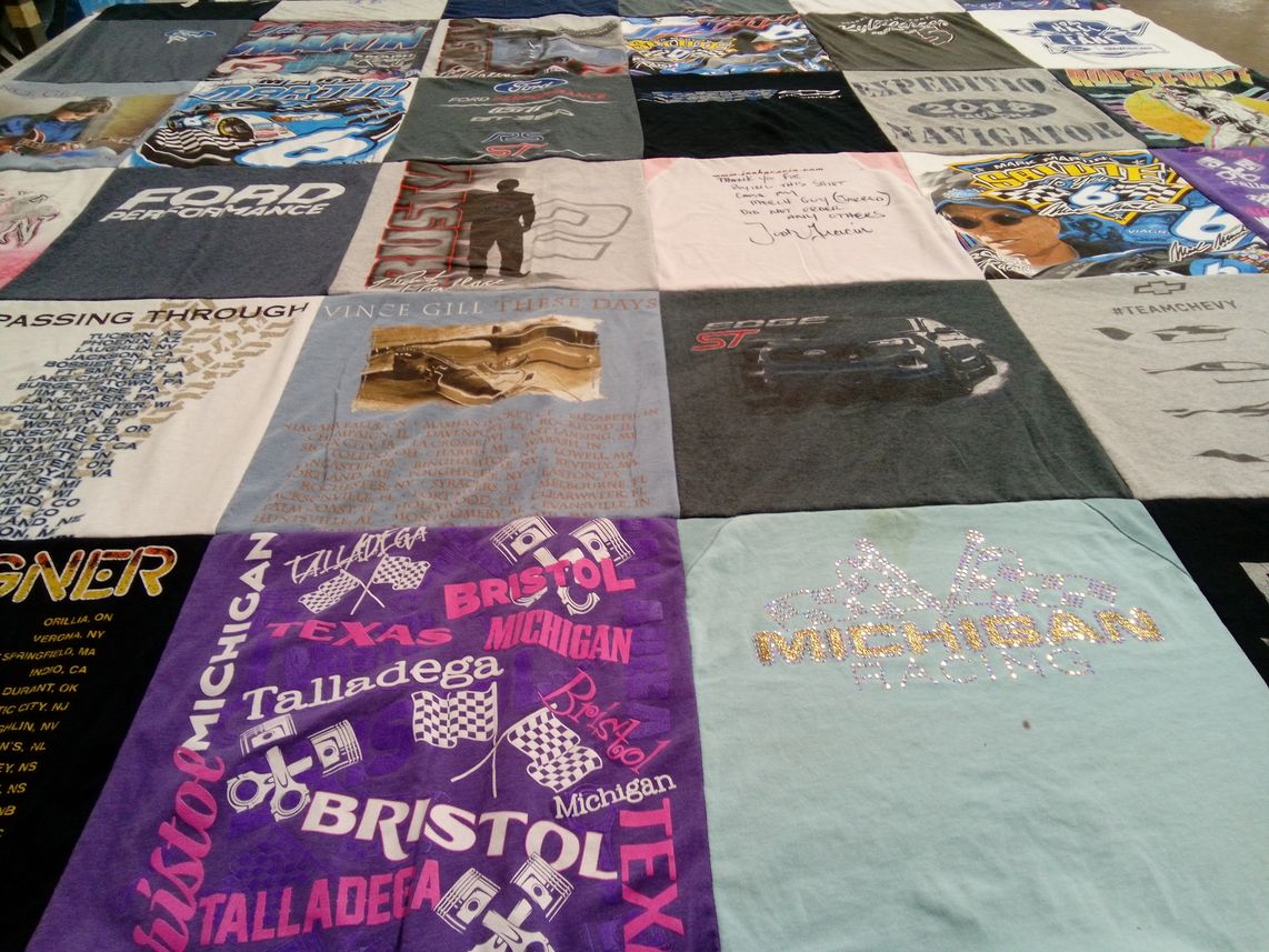 T-shirt quilt with automotive, racing themes by Delores from MI