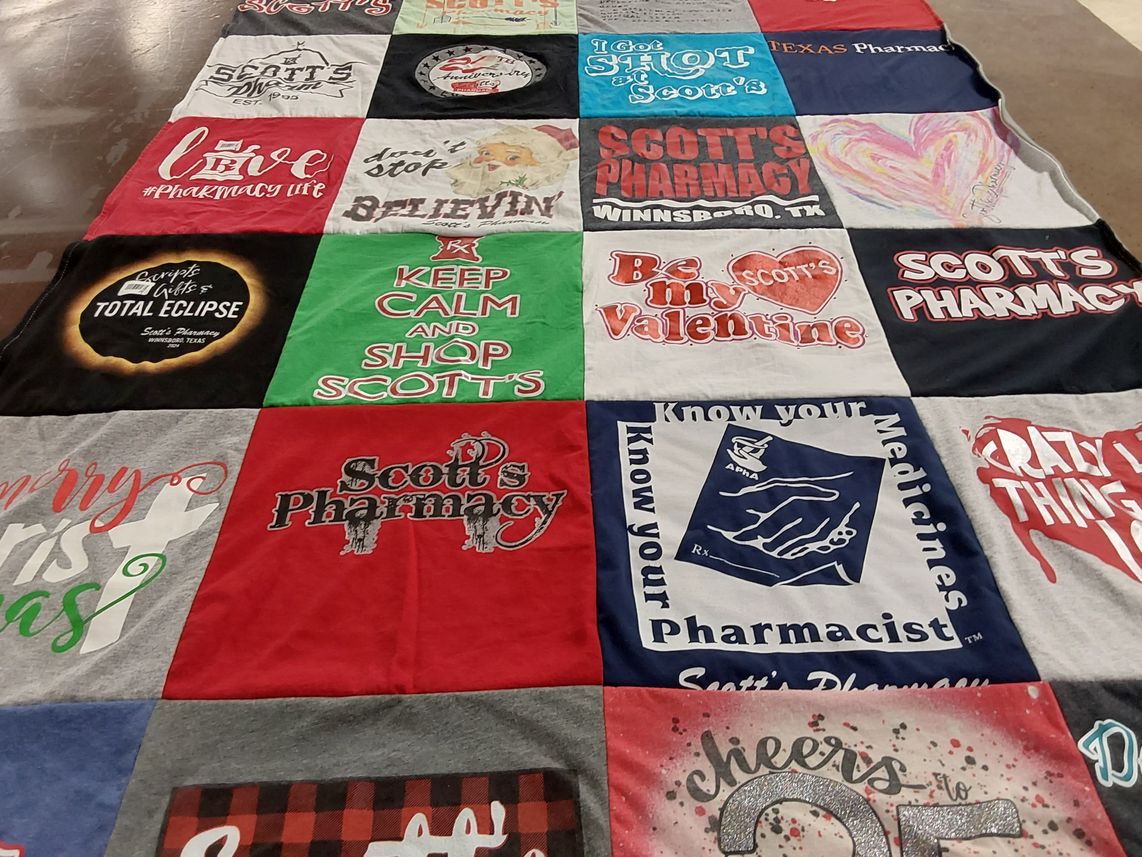 T-shirt quilt with pharmacy themes by SCOTT from TX