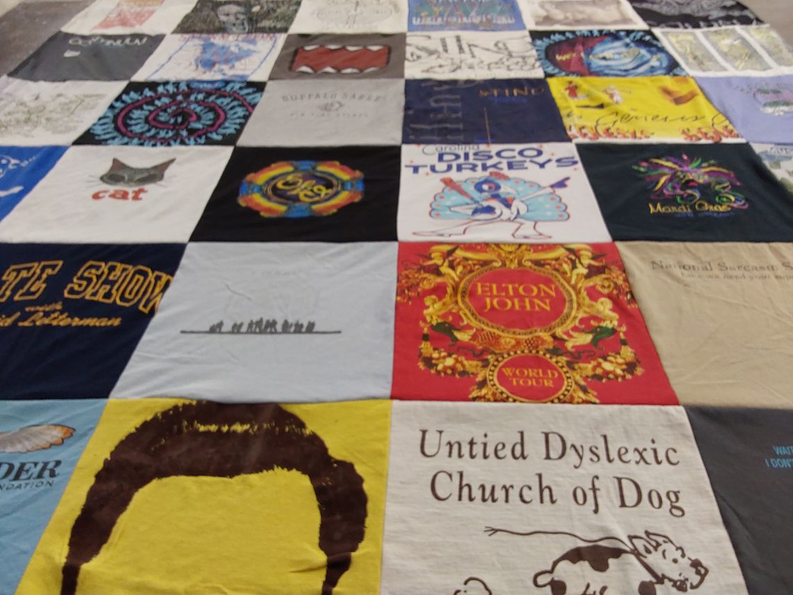 T-shirt quilt with music, theater themes by Suzanne from NC