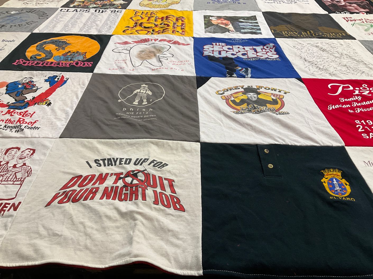 T-shirt quilt with theater, music themes by Steve from NY