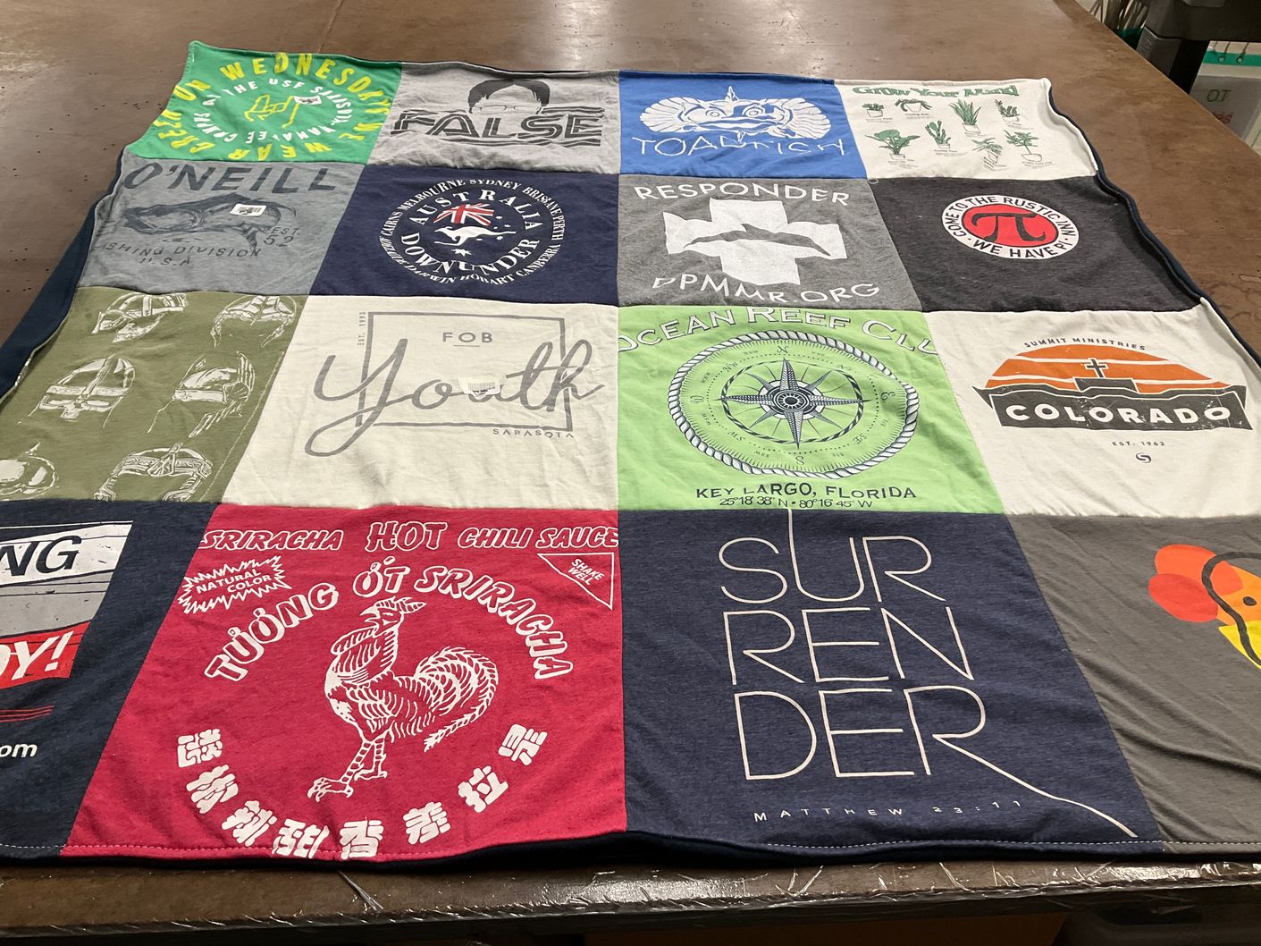 T-shirt quilt with fishing, sriracha themes by Gea from FL