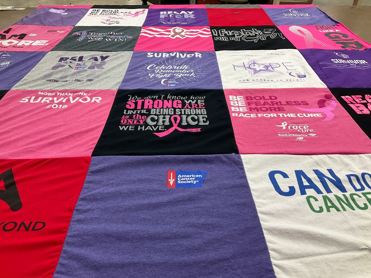 T-shirt quilt with breast cancer awareness, support themes by Teresa from IA