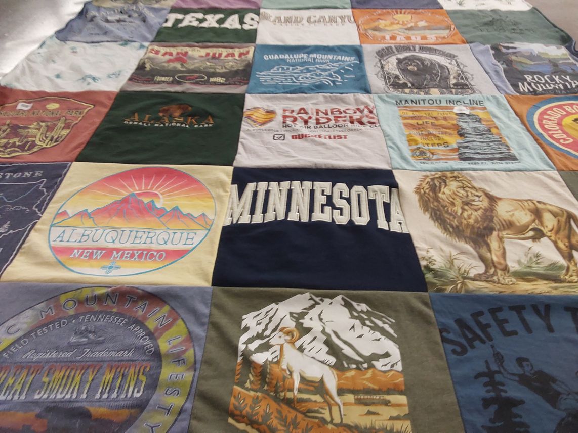 T-shirt quilt with travel, national parks themes by Anna from ID