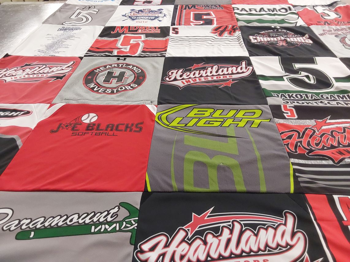 T-shirt quilt with sports, softball themes by Tyler from ND