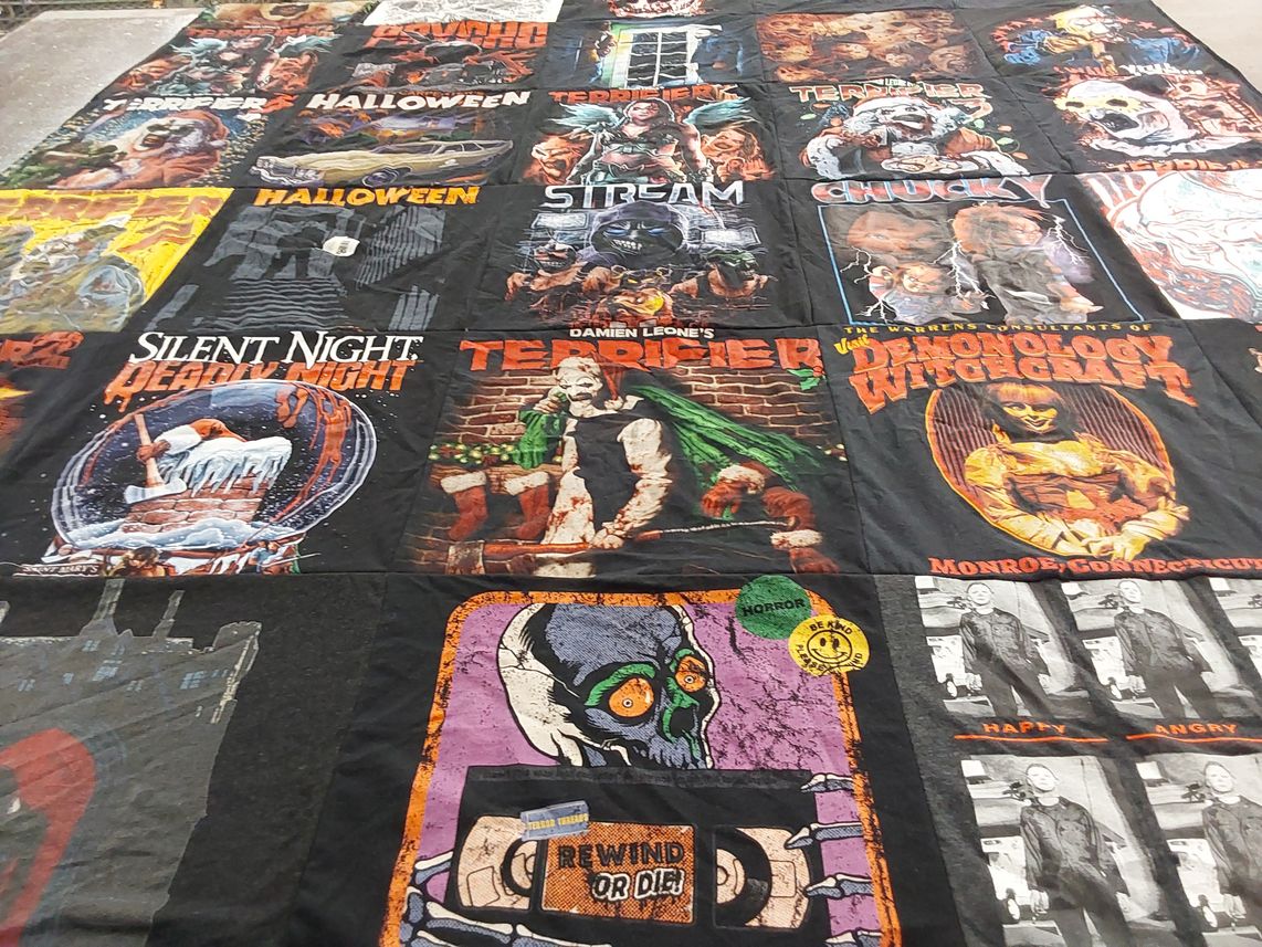 T-shirt quilt with horror movies, horror culture themes by Catherine from NH