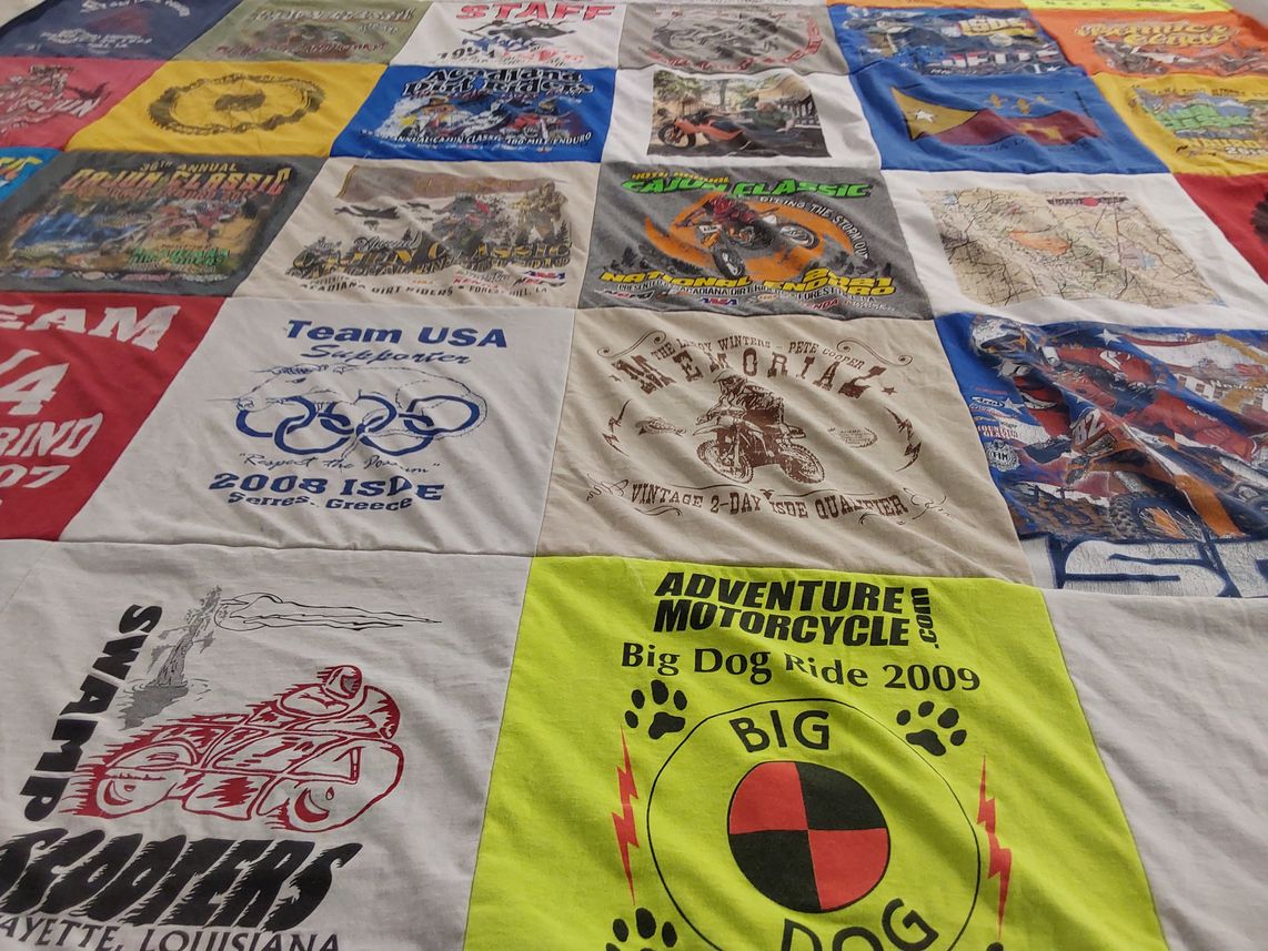 T-shirt quilt with motorcycling, adventure sports themes by Robert from LA