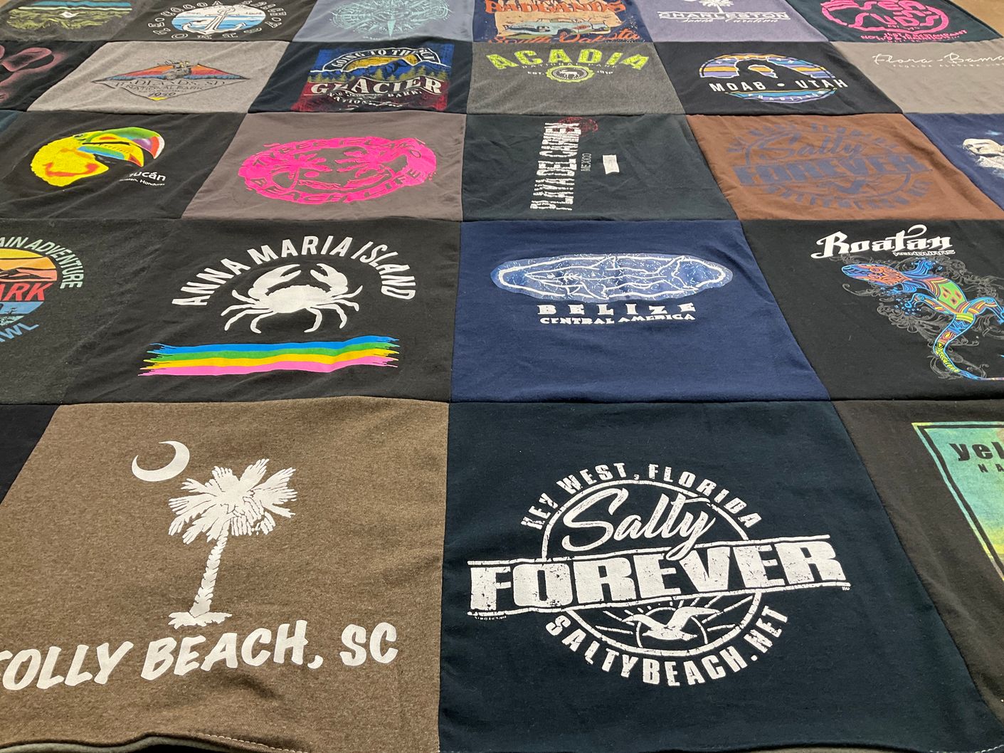 T-shirt quilt with beach, travel themes by Tasha from TN