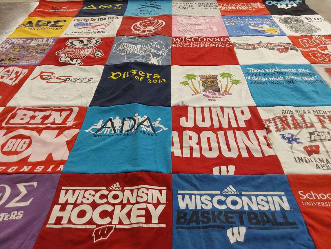 T-shirt quilt featuring wisconsin hockey, wisconsin basketball by Amanda from WI