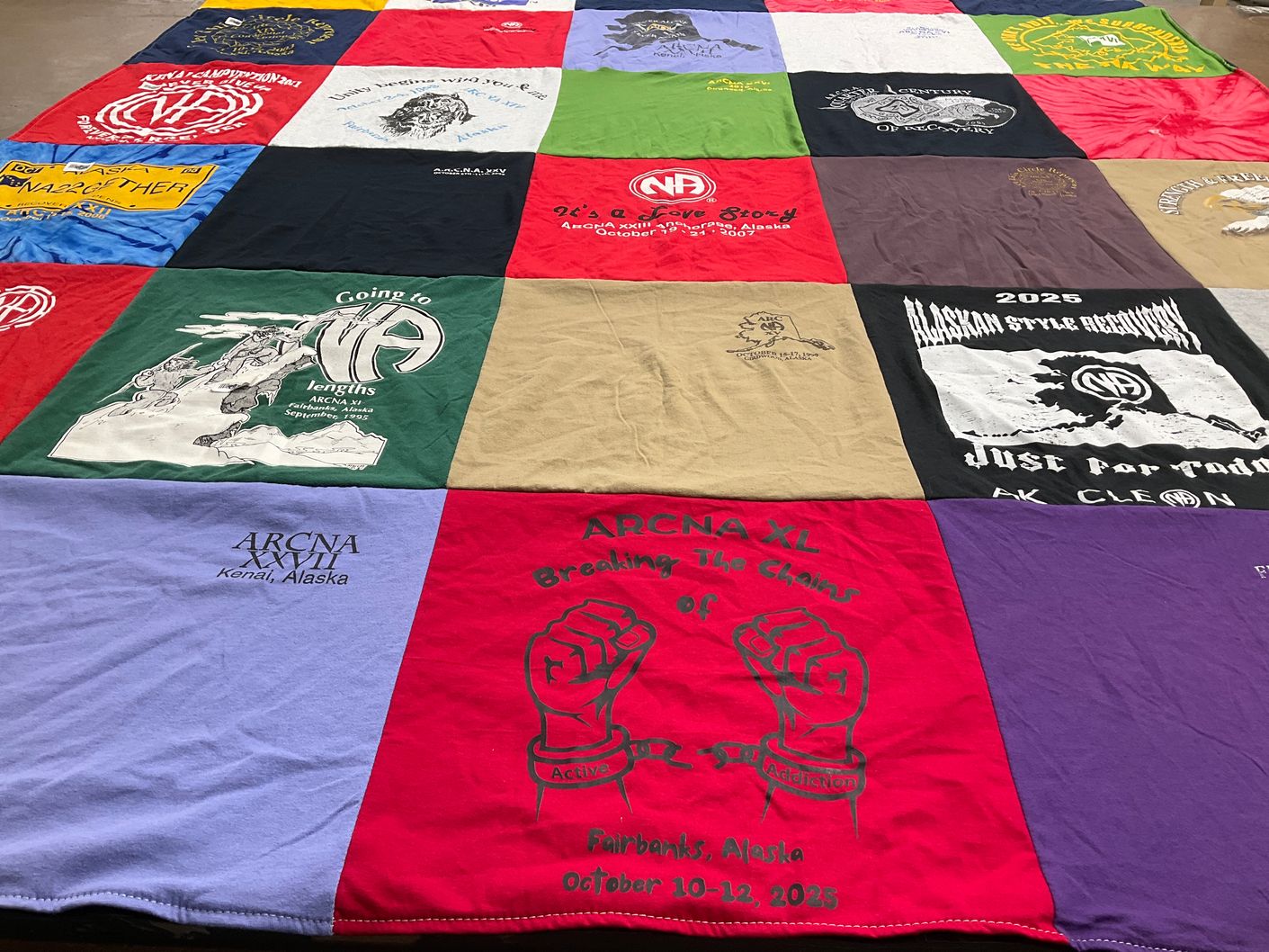 T-shirt quilt with recovery, na themes by Heidi from AK