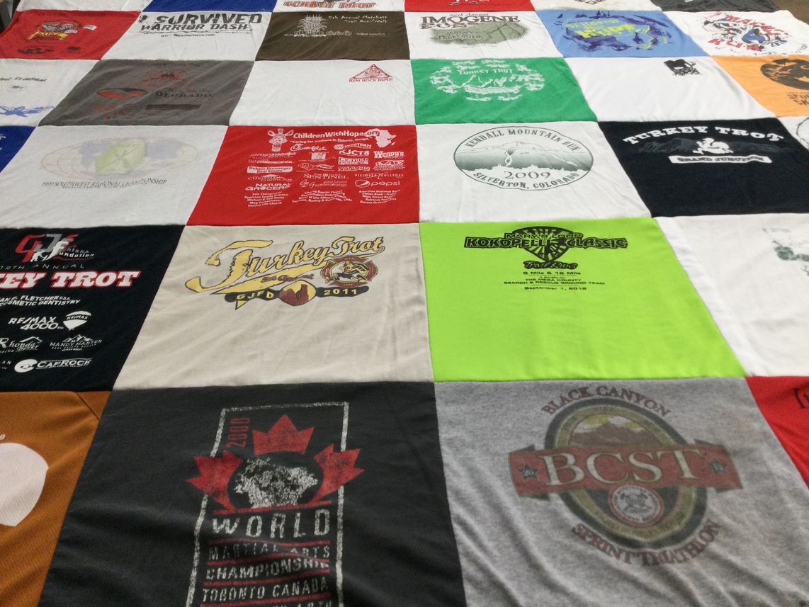 T-shirt quilt with running, fitness themes by Grace from CO