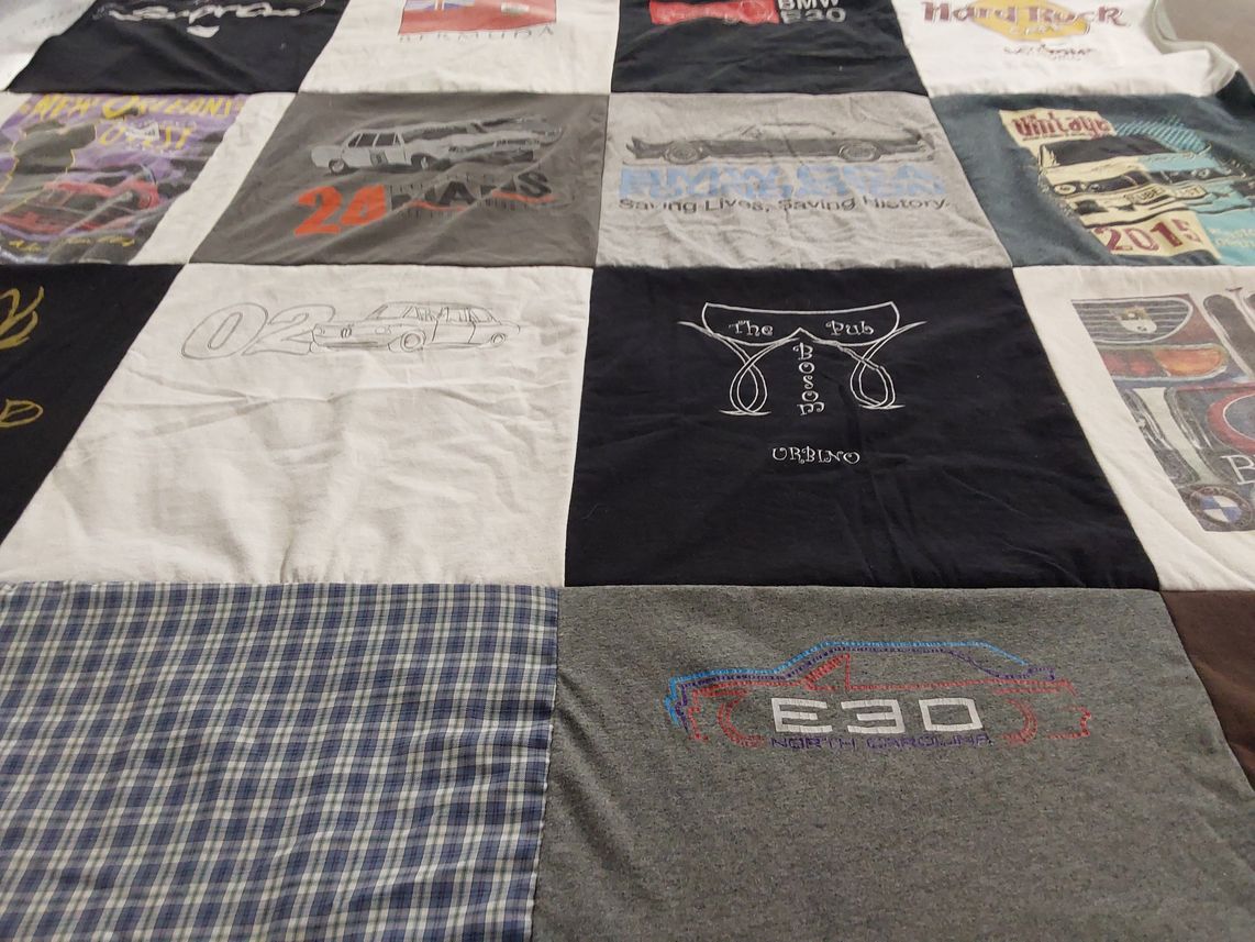 T-shirt quilt with cars, music themes by Evelyn from TN