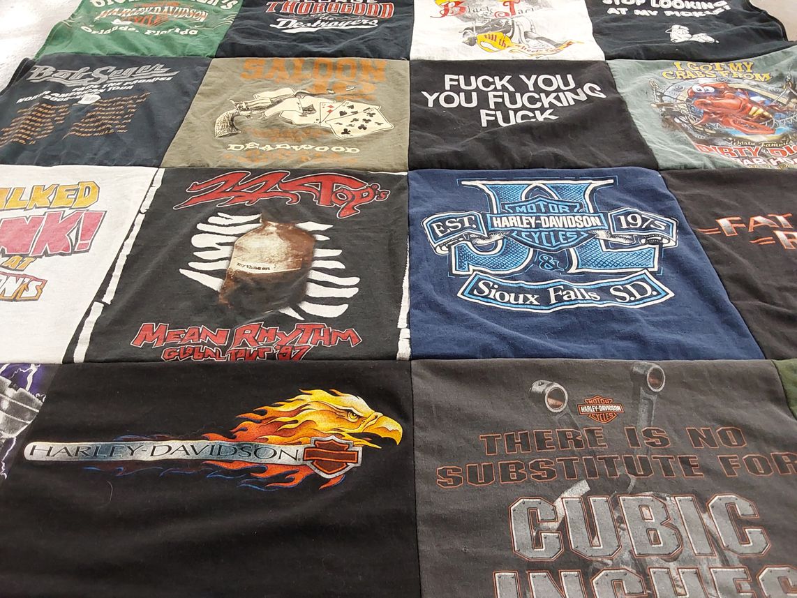 T-shirt quilt with motorcycles, bar culture themes by Shere from SD