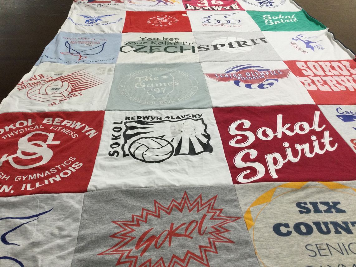 T-shirt quilt with physical fitness, gymnastics themes by Diana from IL