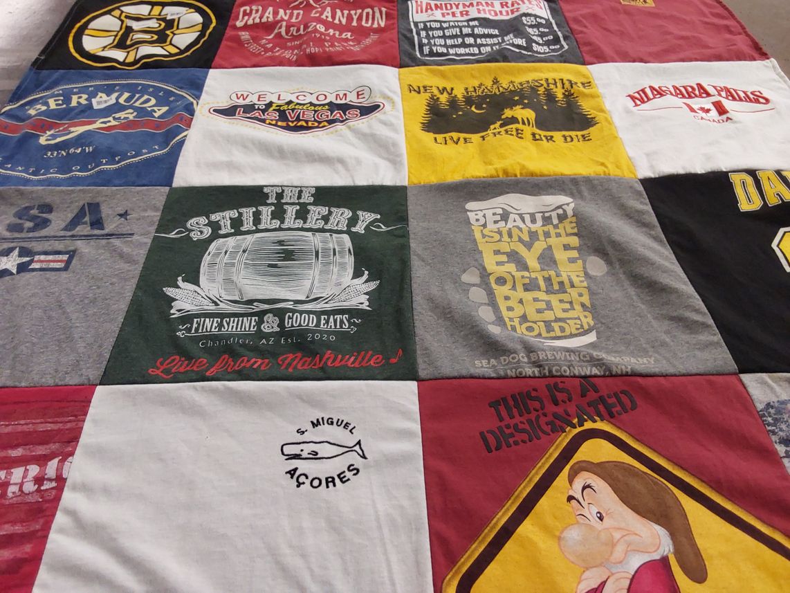 T-shirt quilt with travel, brewing themes by Nancy from MA