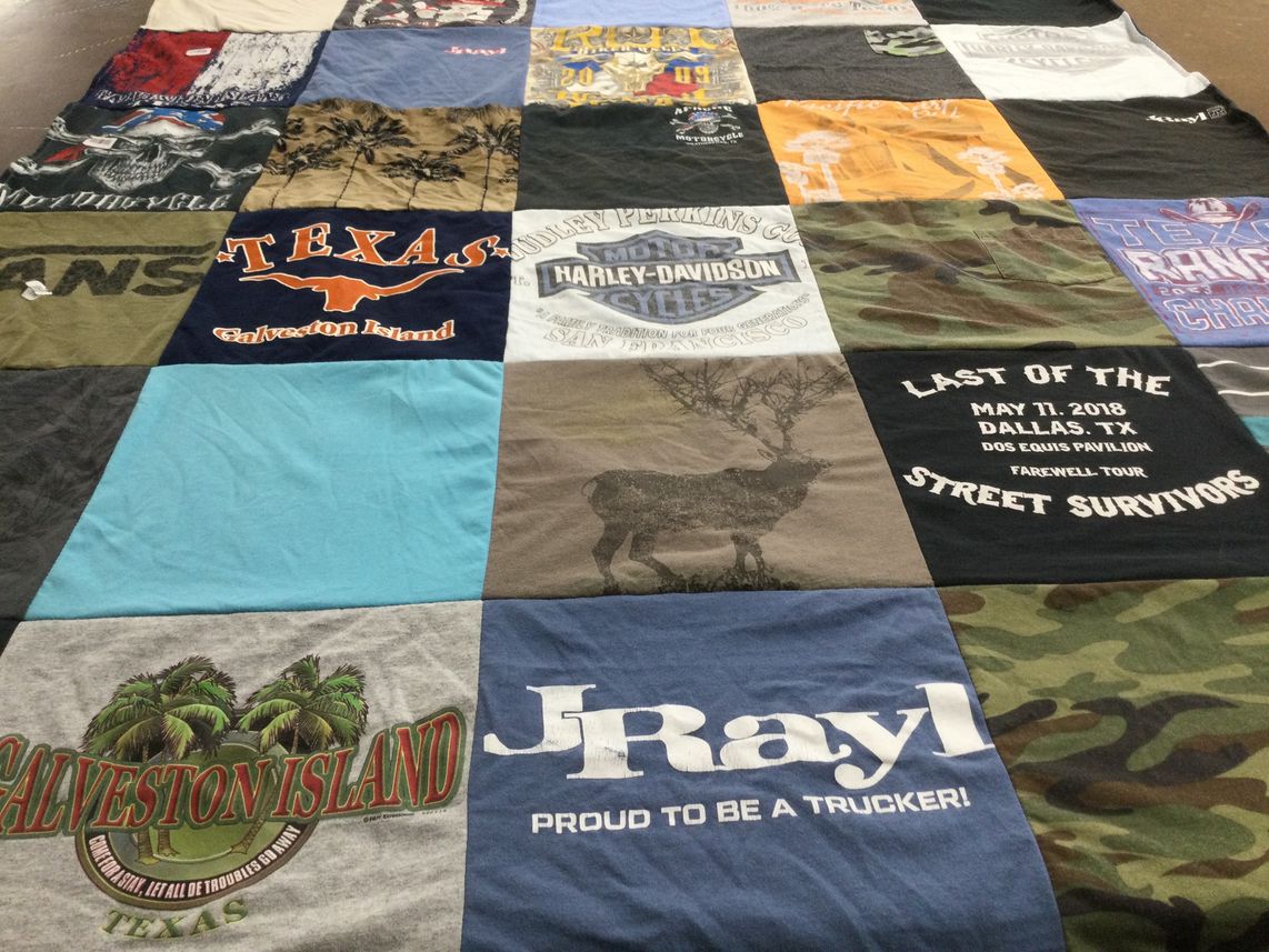 T-shirt quilt with motorcycles, trucking themes by Jennifer from IN