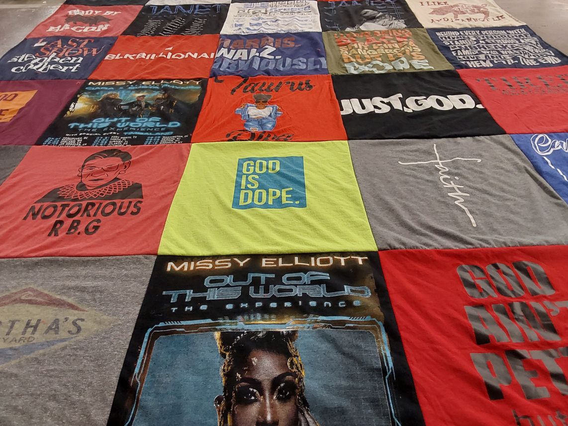 T-shirt quilt with music, politics themes by Melissa from TX