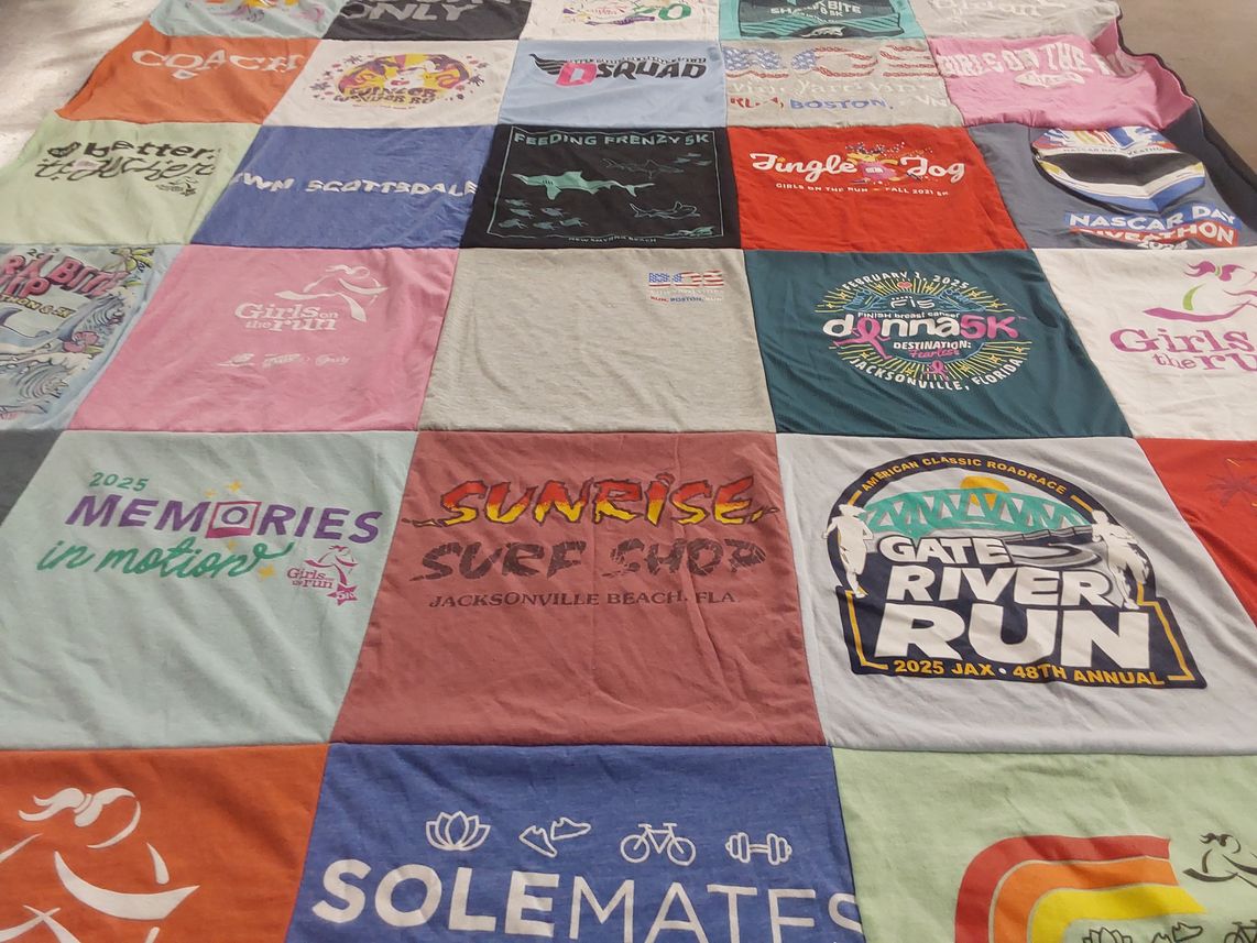 T-shirt quilt with running, girls on the run themes by Cassie from FL