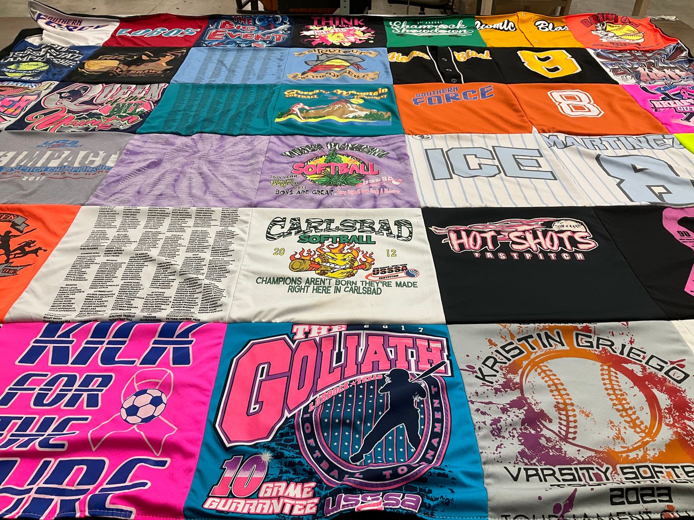 T-shirt quilt with softball, sports themes by ANDREA from NM