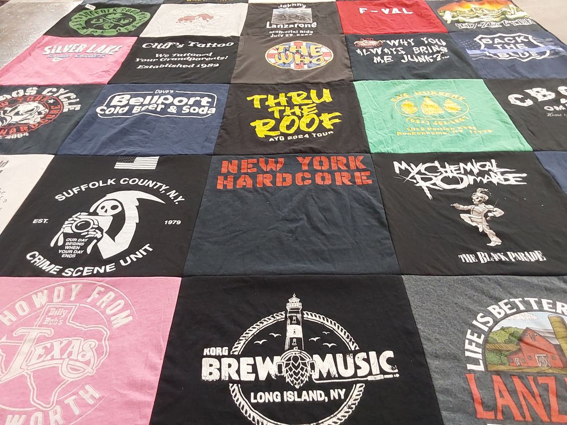 T-shirt quilt with music, tattoos themes by Valarie from NY