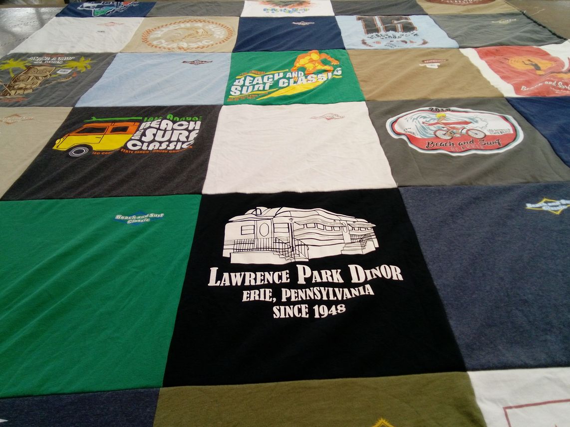 T-shirt quilt with beach, surfing themes by Tracy from CA