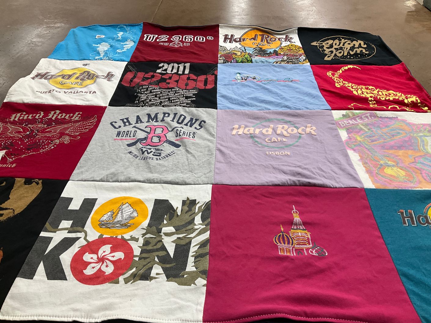 T-shirt quilt with music, travel themes by Katherine from MA