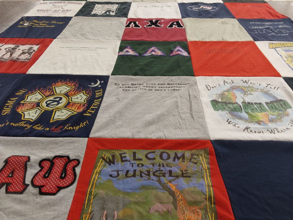 T-shirt quilt with sororities, fraternities themes by Merissa from FL