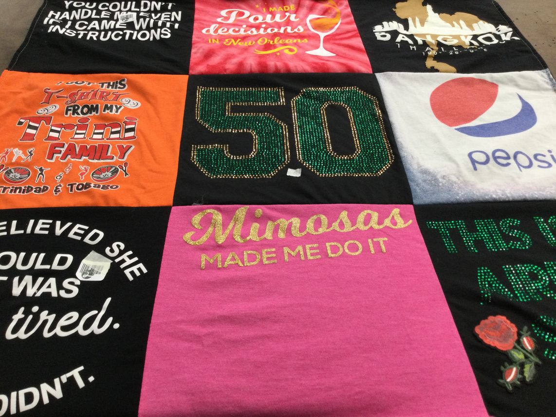T-shirt quilt with travel, food themes by Tamara from FL