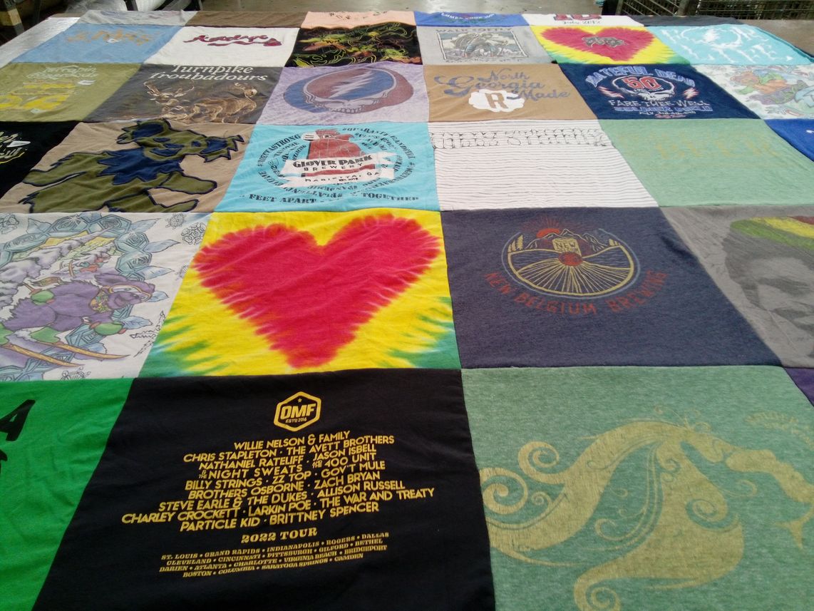 T-shirt quilt with music, brewing themes by Jules from GA