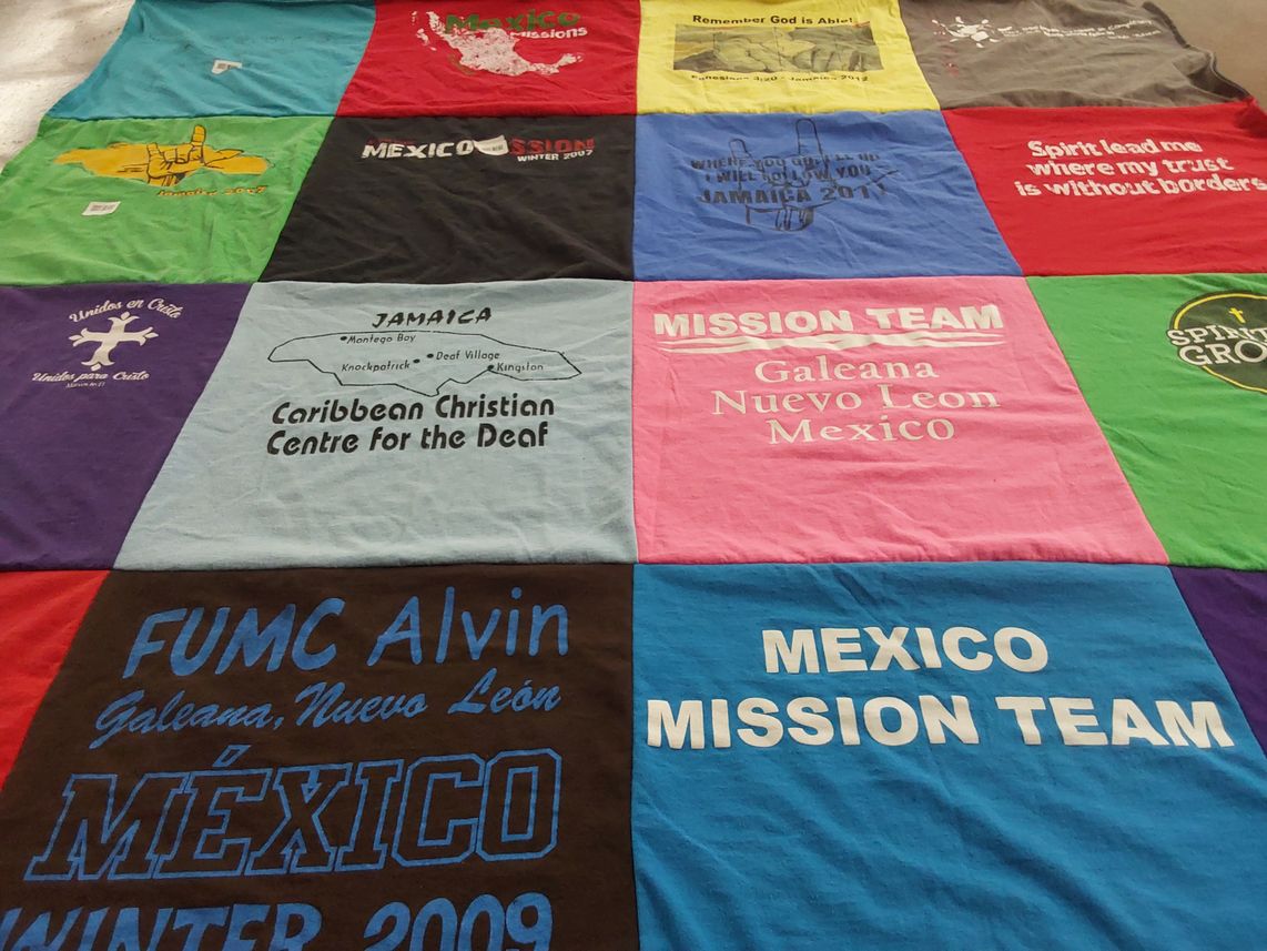 T-shirt quilt with mission work, community service themes by Rebekah from TX