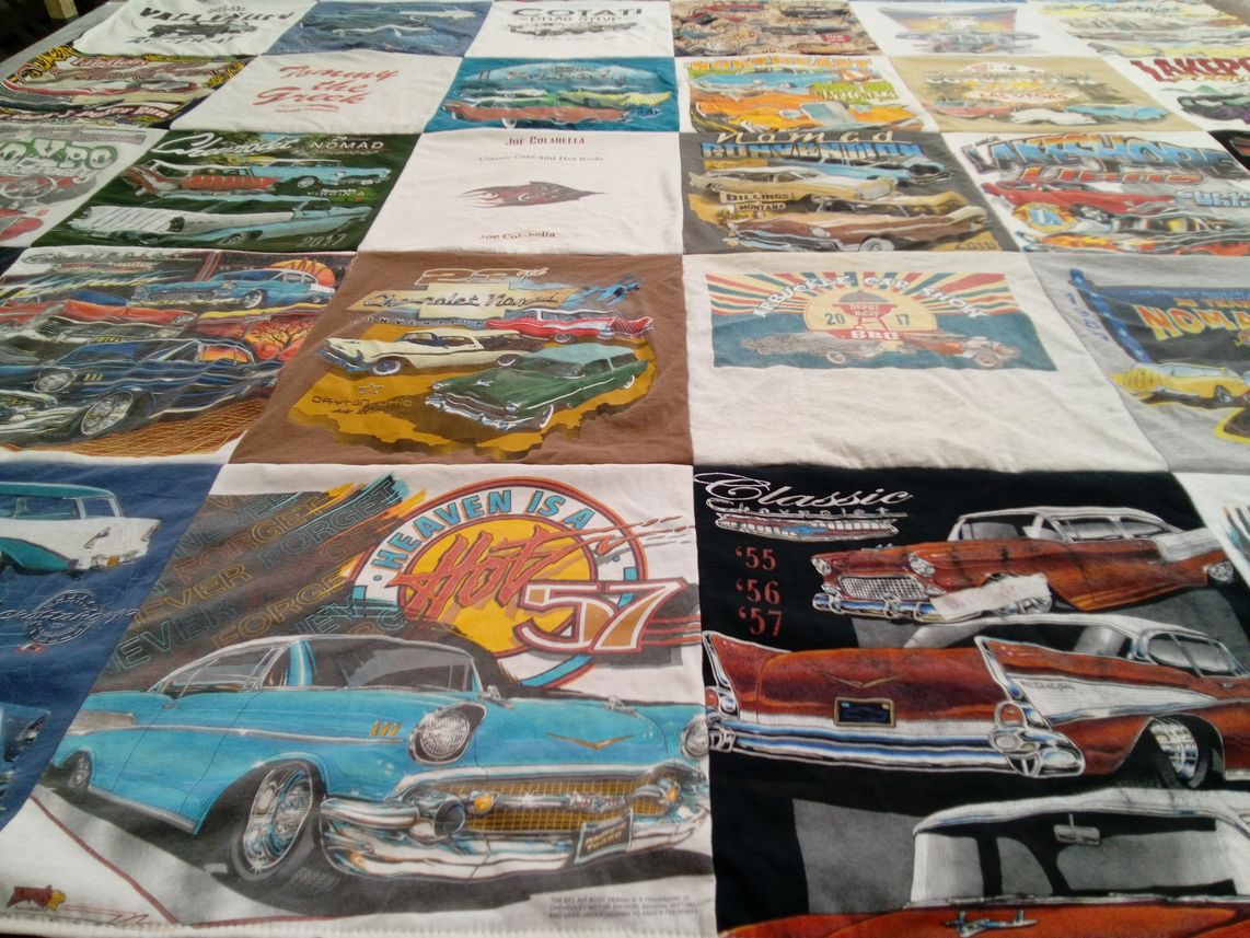 T-shirt quilt with classic cars, automobile culture themes by Joe from CA