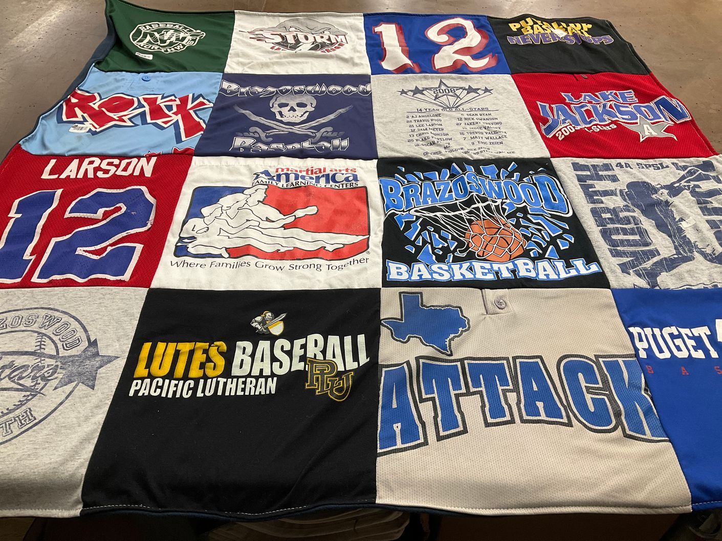 T-shirt quilt from pacific lutheran university, brazoswood high school by Linda from WA
