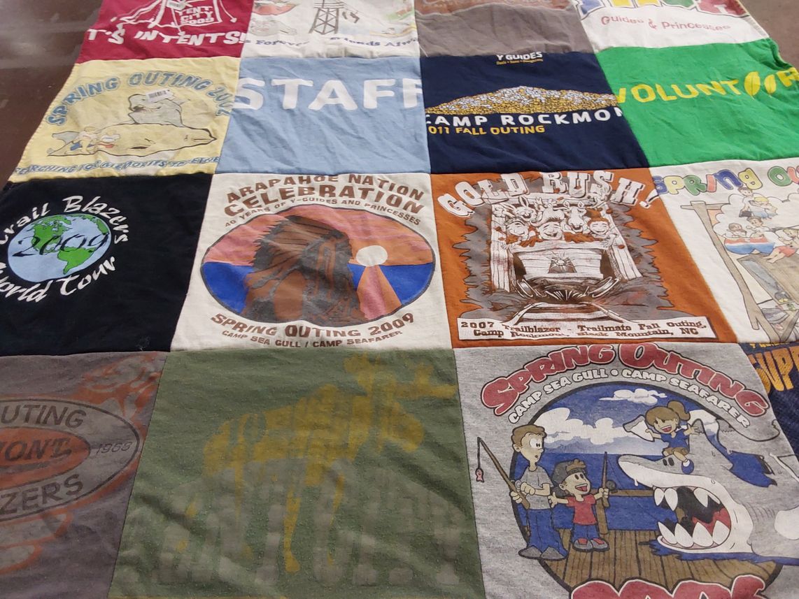 T-shirt quilt with camping, outdoor activities themes by Kenneth from WA