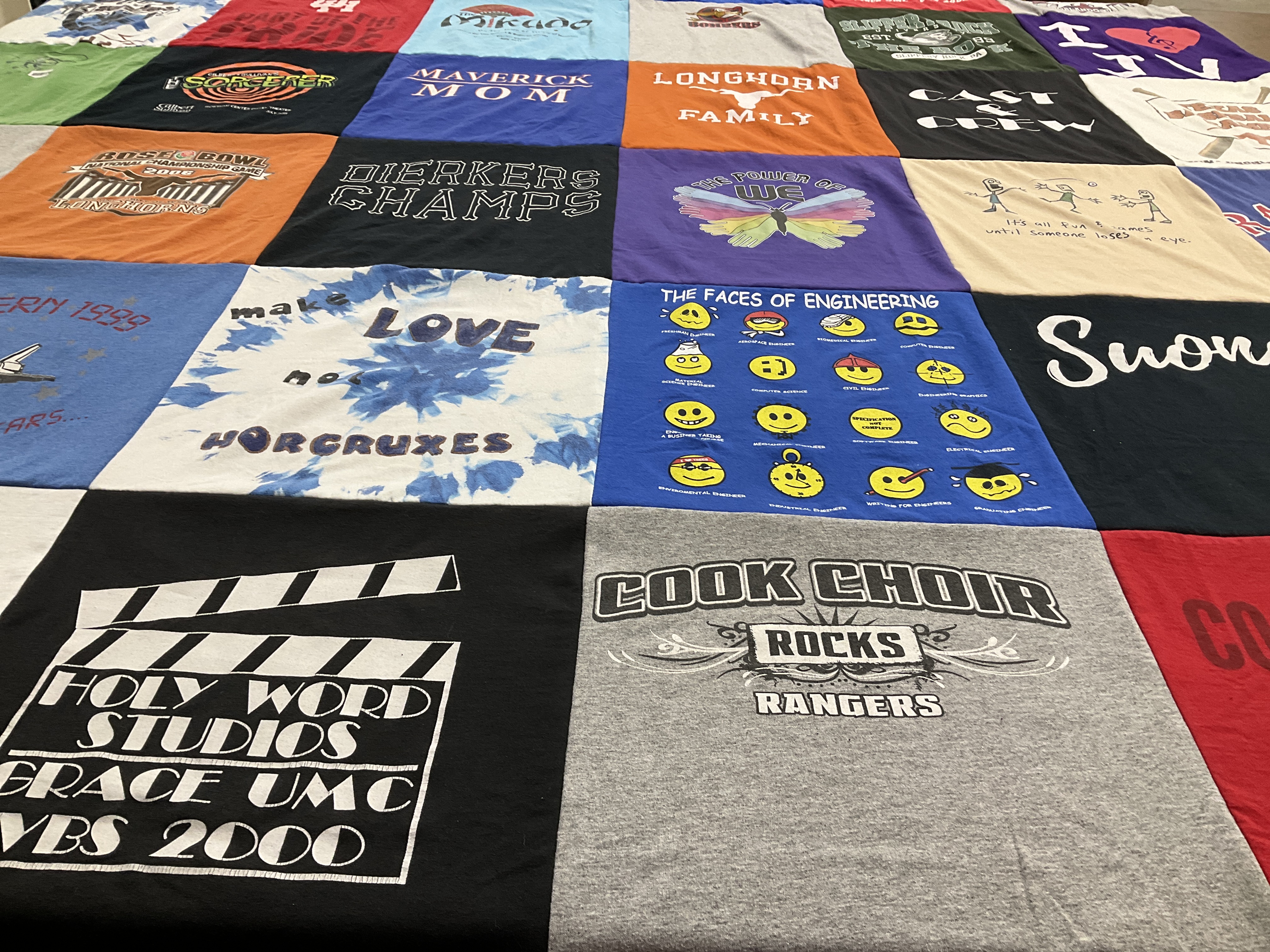 T-shirt quilt with jump rope, choir themes by Nancy from TX