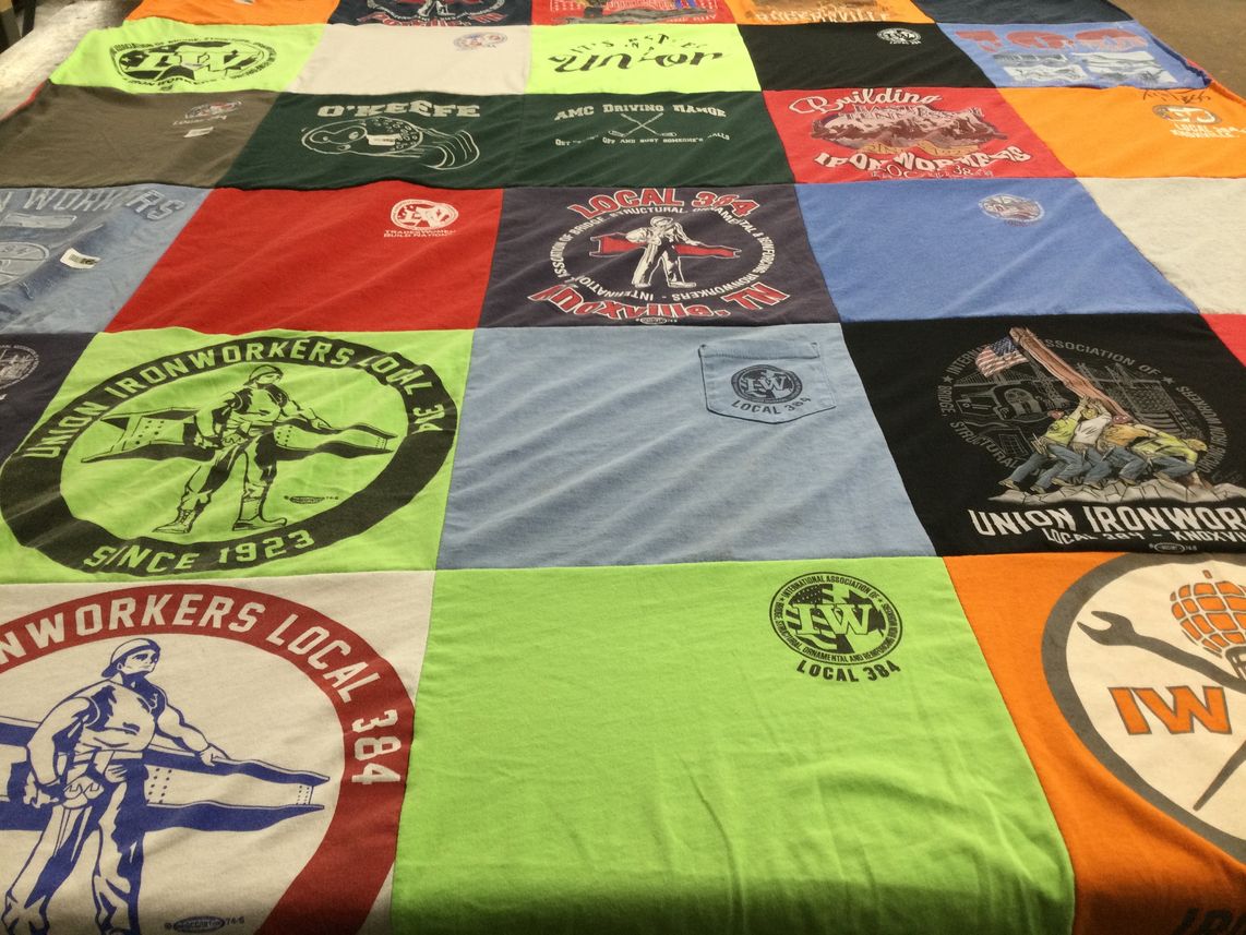 T-shirt quilt with trade work, labor unions themes by Kayla from TN
