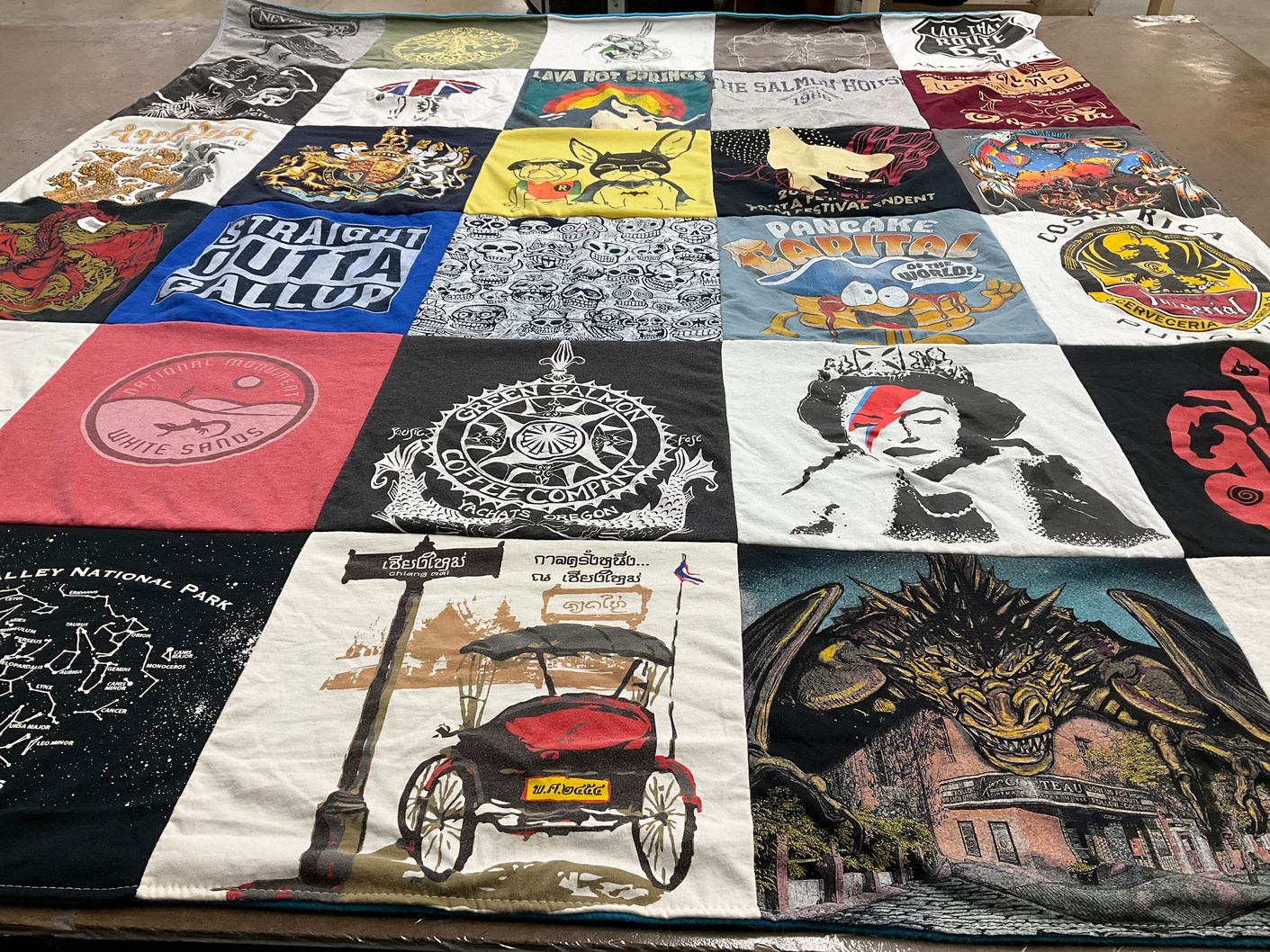 T-shirt quilt with coffee, parks themes by Lava from NM