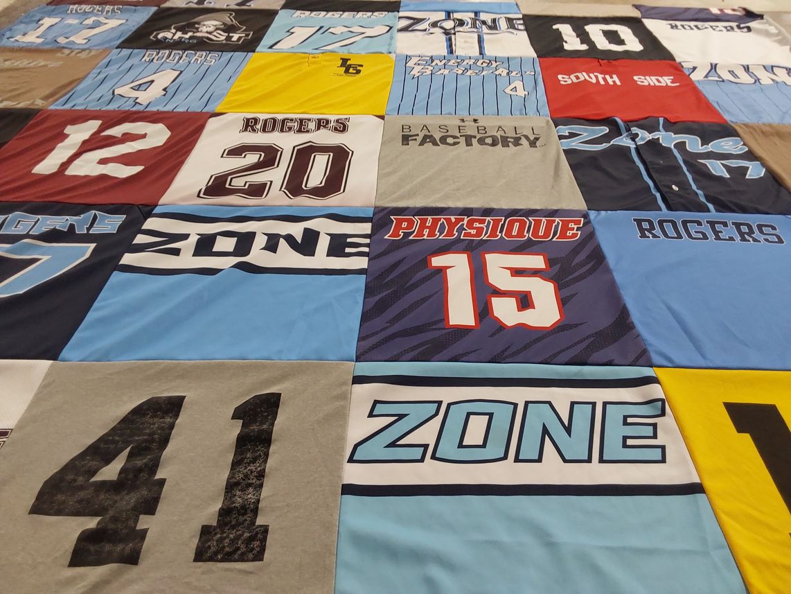 T-shirt quilt with sports, baseball themes by Michele from MA