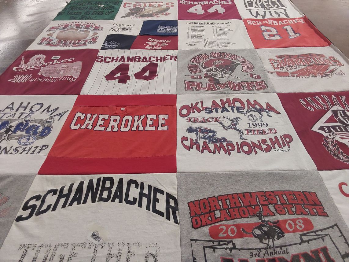 T-shirt quilt featuring cherokee high school, northwestern oklahoma state university by Christy from OK